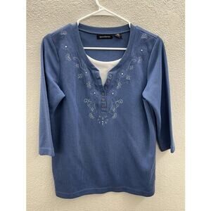 Womens Speculation Blue Embroidered Floral Knit 3/4 Sleeve Top Size Small